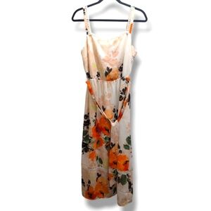 Nicole Miller Ivory & Orange Multi Watercolor Floral Midi Square Neck Dress- 8